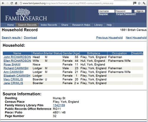 1881 Census Extract for Mary Crimlis and Jane Crimlis