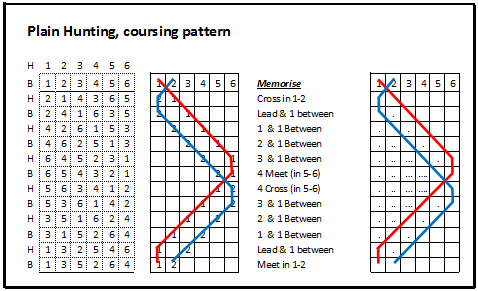 Instructions and double line for Plain Hunting on 1-2 or 5-6, coursing pairs